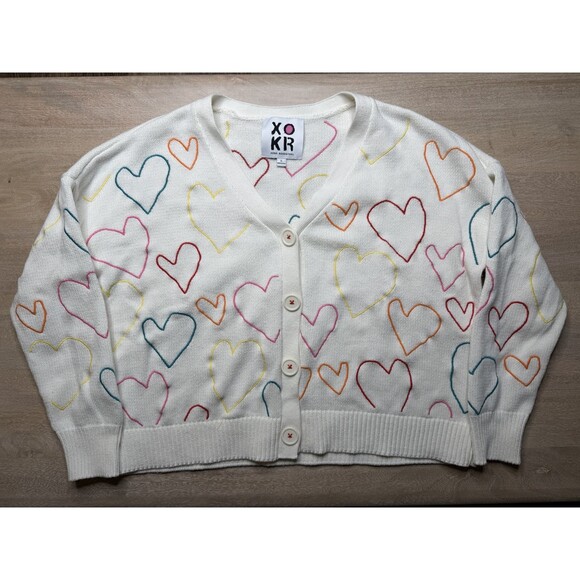 Kerri Rosenthal Embroidered Hearts Cardigan Cream Rainbow Size Small - Picture 2 of 7